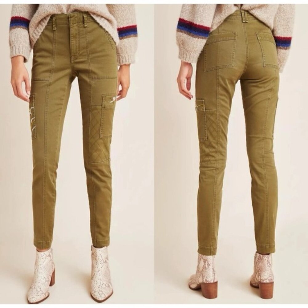 Anthropologie Austen Embroidered Utility‎ Cargo Jeans Pants 29 Mid Rise Olive